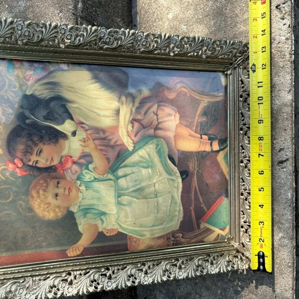 14X17 Gold Toned Metal Frame w/ Glass Litho Print 2 Victorian Girls Collie Dog